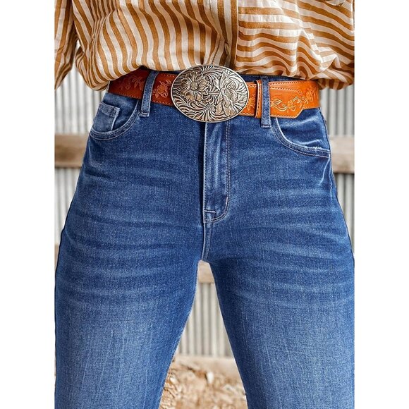 Womens High Waisted Flared Jeans Cotton Blend Raw Hem Trendy Retro Style - Picture 4 of 8